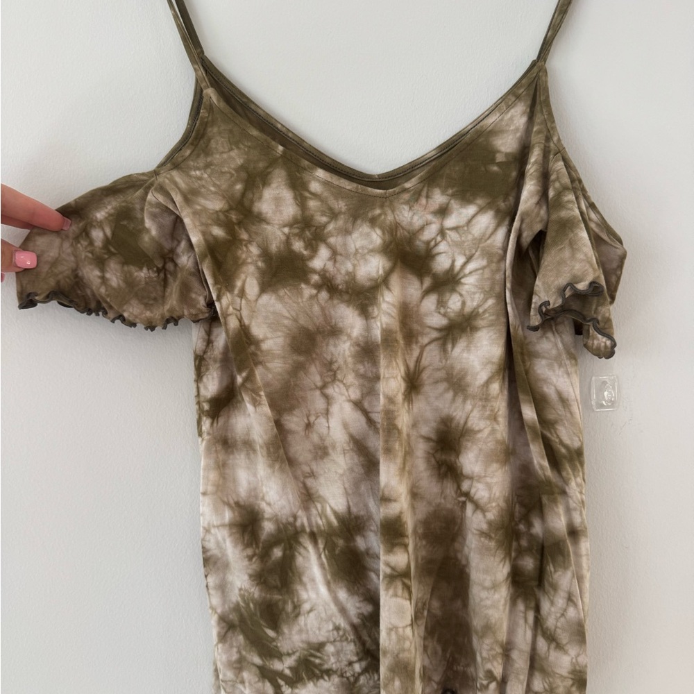 American Eagle Outfitters Olive and Cream Tie-Dye Cold Shoulder Cami